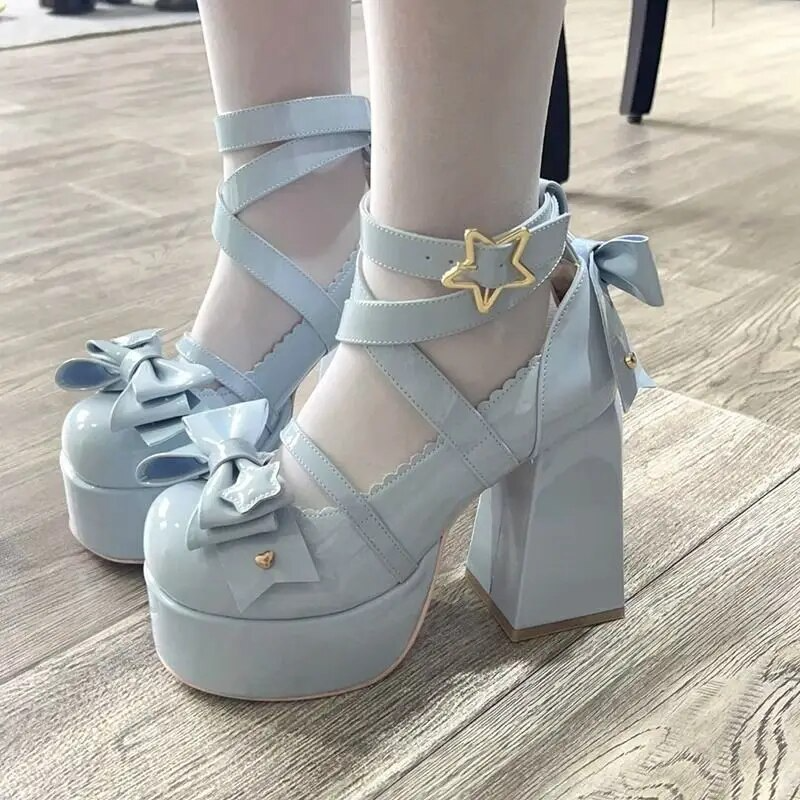 Sweet Vintage Mary Janes Shoes Women Star Buckle Lolita Kawaii Platform Shoes Female Bow-knot Cute Designer Shoes 2023 Summer