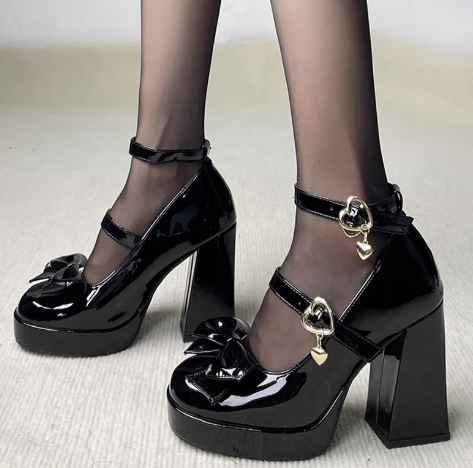 Punk Heart Buckle High Heels Pumps Women 2023 Autumn Y2K Black Chunky Platform Lolita Shoes Woman Bowtie Thick Heel Gothic Shoes