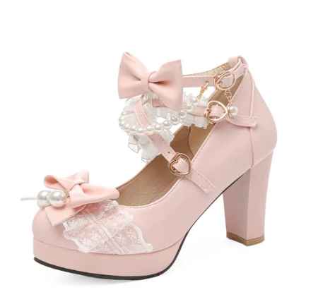 Cross Strap Women High Heels Mary Jane Pumps Party Wedding Cosplay White Pink Black Strawberry Bow Princess Cosplay Lolita Shoes