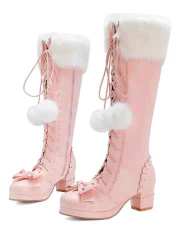 Lolita High Boots Winter Warm Fur Neck Girls Cosplay Party JK Princess Shoes Lace Up Bowtie Chunky Heel Side Zipper PU Leather