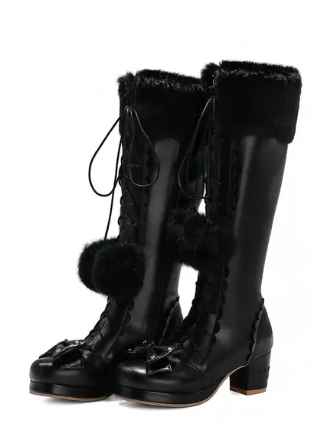 Lolita High Boots Winter Warm Fur Neck Girls Cosplay Party JK Princess Shoes Lace Up Bowtie Chunky Heel Side Zipper PU Leather