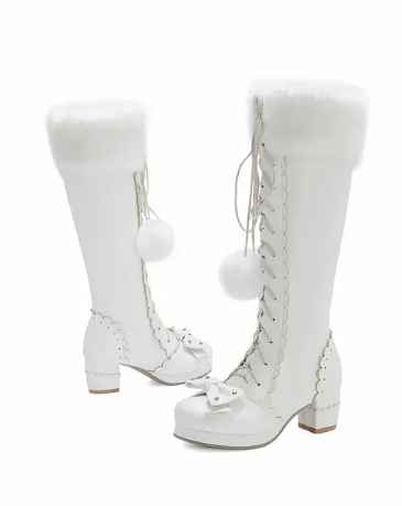 Lolita High Boots Winter Warm Fur Neck Girls Cosplay Party JK Princess Shoes Lace Up Bowtie Chunky Heel Side Zipper PU Leather