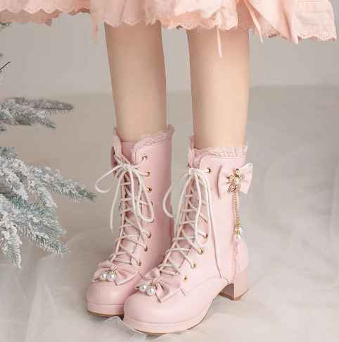 Ruffles Vintage Lolita Women Wedding Boots Chunky Block Square High Heels Thick Platform Gothic Shoes Black White Pink Lace Up