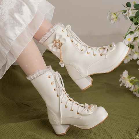 Ruffles Vintage Lolita Women Wedding Boots Chunky Block Square High Heels Thick Platform Gothic Shoes Black White Pink Lace Up