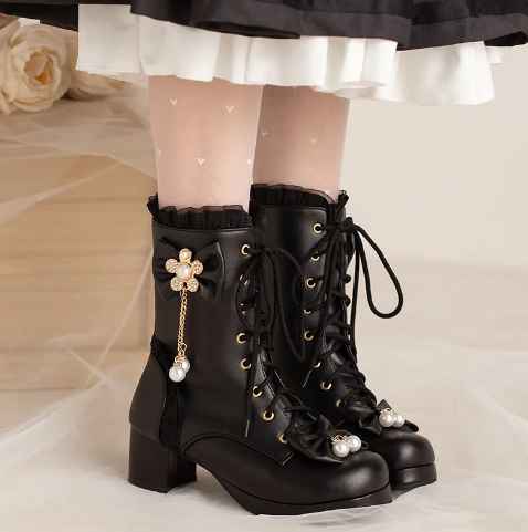 Ruffles Vintage Lolita Women Wedding Boots Chunky Block Square High Heels Thick Platform Gothic Shoes Black White Pink Lace Up